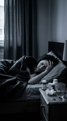 Fototapeta premium Woman Sleeping In Bed With Illness Symptoms Nearby Medications And Tissues Clear Visual