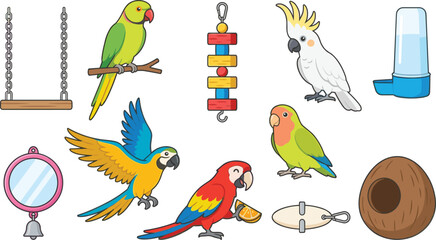 Pet Parrot and Exotic Bird Vector Icon Set with Macaw Cockatoo Lovebird Parakeet Cage Accessories Swing Hanging Toy Cuttlebone Mirror and Water Dispenser Designs © Ismail