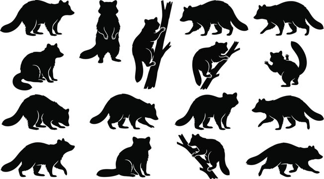 Black cat silhouettes, feline icons, 15 animal shapes, vector graphics