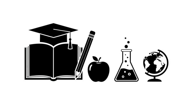 Education icons set graduation cap book apple science flask and globe illustration