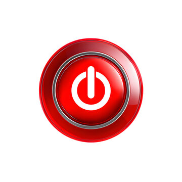 Glossy red metallic power button with white symbol showing startup command on transparent background
