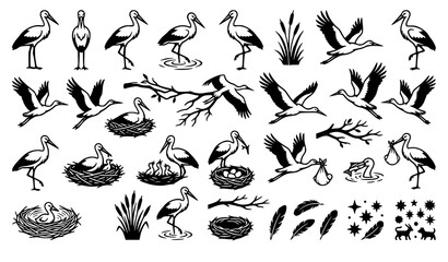 Obraz premium Vintage Black Silhouette Stork Bird Icon Set Featuring Flying Standing Birds Nests Feathers Baby Delivery Bundles and Wetland Grass Nature Vector Graphic Elements