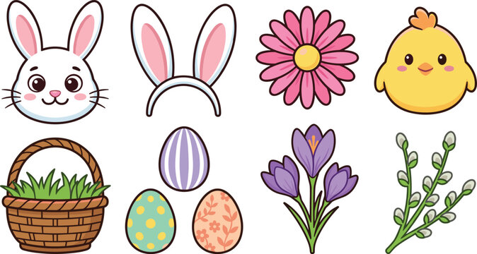Cute Easter Holiday Vector Icon Set with Bunny Head Rabbit Ears Headband Yellow Chick Wicker Basket Decorative Eggs and Spring Flowers for Greeting Card Graphic Designs