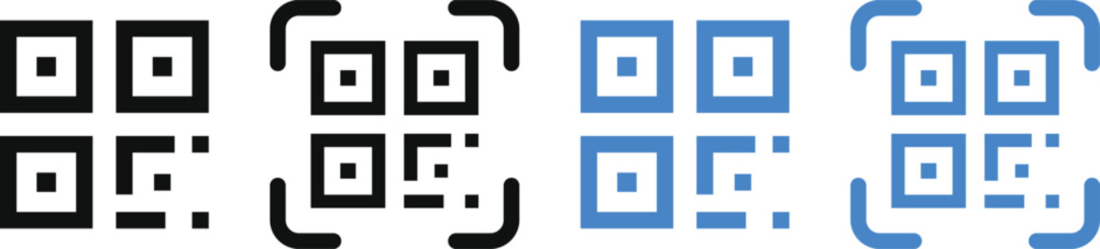 QR Code Icon Set. Quick Response Barcode, Scanner Viewfinder Brackets, and Touchless Payment Symbols black and blue color icons