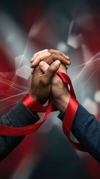 Pathogen awareness gesture: HIV care, AIDS patient, Human Immunodeficiency, infectious Virus, Acquired Syndrome, unite hand, red ribbon, hope hold, diverse skin, medical health.