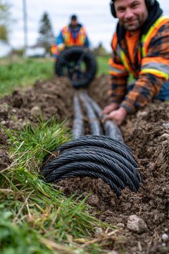 Technicians guiding cable reel into trench during field installation