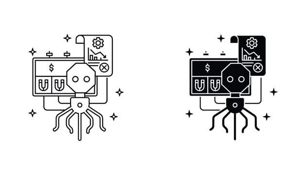 Computer virus vector icon isolated on white Black and white outline line art and solid glyph silhouette