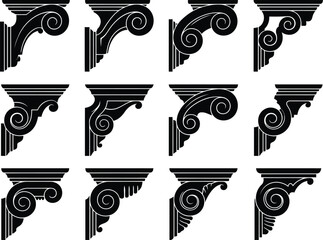 A assortment of twelve diverse vintage architectural corbel designs displayed in black silhouette. © MstBaby