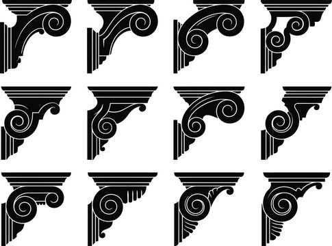 A assortment of twelve diverse vintage architectural corbel designs displayed in black silhouette.