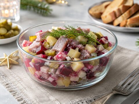 Heringssalat mit Roter Bete, Kartoffeln und Gurken in Glassch&uuml;ssel. Die traditionelle Speise ist in Deutschland ein beliebtes Gericht zu Silvester und steht f&uuml;r festlichen Genuss zum Jahreswechsel.
