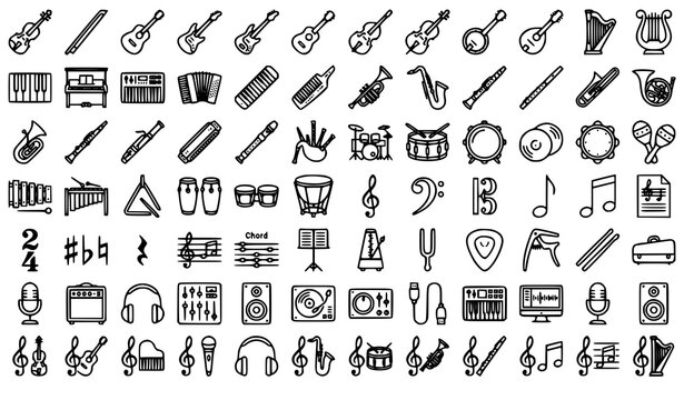 violin, guitar, treble, clef, outline, music, icon, instrument, melody, acoustic, electric, orchestra, notes, sheet, bow, microphone, headphones, piano, editable, stroke, vector, ui, collection, minim