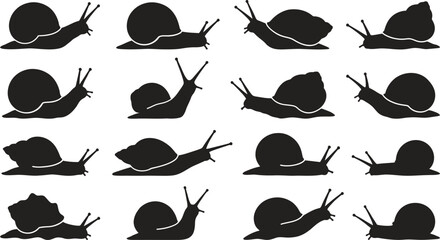 Snail silhouettes, black snail icons, slug graphics, 15 snail shapes © Rifat