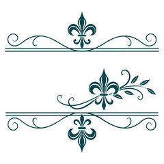 Fleur de lis vector ornament set including elegant borders, heraldic lily symbols, and stylish flourishes for decorative designs, royal dividers collection. © go