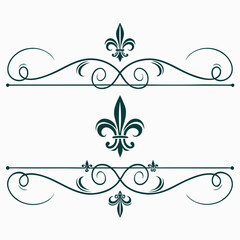 Vector set of fleur de lis ornament elements, classic decorative borders, royal heraldic lily symbols, and elegant calligraphic dividers for sophisticated design. © go