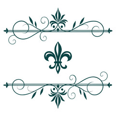 Elegant decorative flourish with central fleur de lis and ornamental borders, perfect for formal invitations and vintage graphic design applications. © go