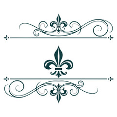 Classic decorative separator with fleur de lis centerpiece and swirling leafy elements, suitable for elegant invitations and vintage document embellishments. © go