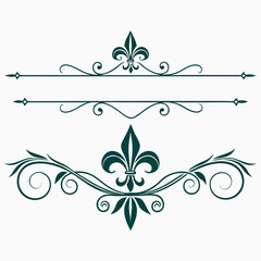 Elegant horizontal border dividers set with fleur de lis symbols and artistic scrollwork in deep teal shade suitable for sophisticated typography invitations stationery and premium document frames. © go