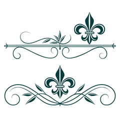 Ornate vintage decorative border elements with fleur de lis symbols and swirling floral accents for elegant design invitations and elegant graphic overlays. © go