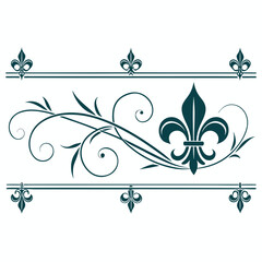 Horizontal decorative divider with fleur de lis motifs and cascading floral vines, ideal for elegant borders and sophisticated vintage graphic design layouts. © go