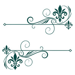 Set of luxury corner border elements in dark teal color including ornate fleur de lis decorative flourishes for wedding cards invitations sophisticated print designs and elegant paper framing. © go