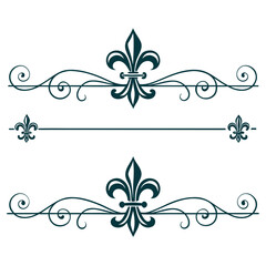 Collection of premium border separators with fleur de lis icons and ornate swirls in dark teal perfect for editorial design wedding programs elegant stationery projects and custom print invitations. © go