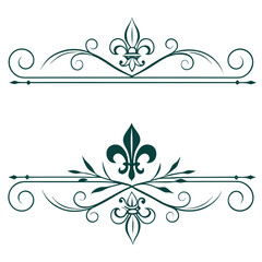 Symmetrical fleur de lis borders with antique scrollwork and ornate floral flourishes designed for high end certificates or formal stationery sets using timeless heraldic symbols and patterns. © go