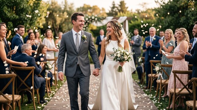 Happy bride and groom walking down aisle after wedding ceremony with wedding dress, wedding day