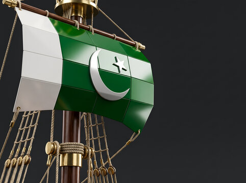 Rigid paneled ship sail displaying the Pakistan flag motif attached to a wooden mast with decorative gold rigging ropes