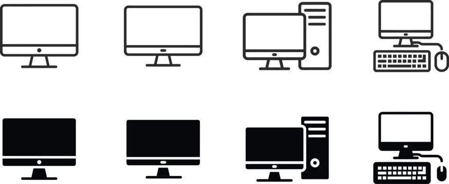 Computer setup icons desktop monitors towers keyboards and mice in line art and solid black styles