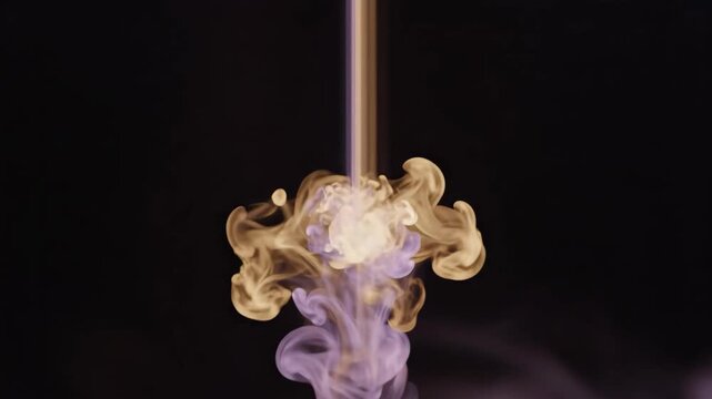 Elegant Abstract Fusion of Golden and Violet Liquid Pigments Diffusing in Clear Water Creating Artistic Fluid Smoke Patterns