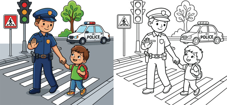 police officer helping a child cross the street community helper lifestyle cartoon clipart and lineart print vector illustration for school student educational color coloring book