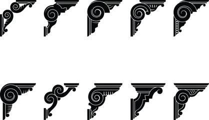 A array of ten adorning architectural corbel and bracket silhouettes in black. © MstBaby
