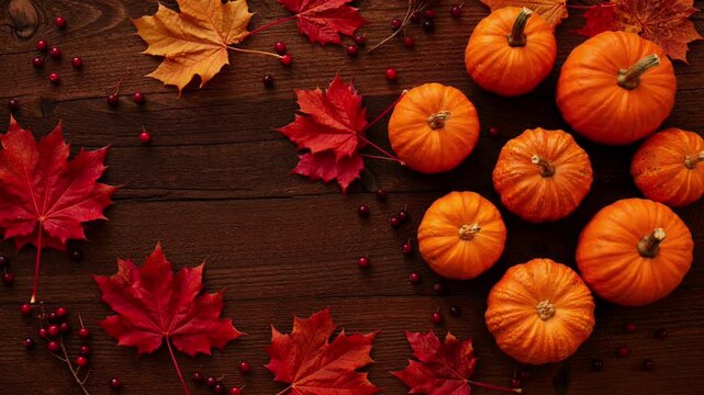Top view of small pumpkins and colorful autumn leaves on a rustic dark wooden background