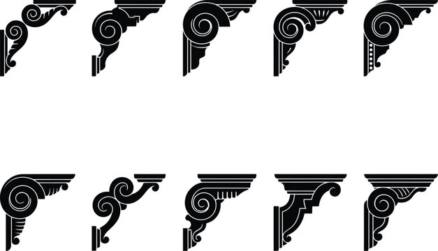 A array of ten adorning architectural corbel and bracket silhouettes in black.