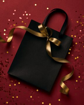 Flat Lay Top View of a Black Shopping Bag with Gold Accents