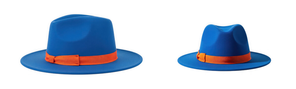 Two blue fedora hats with orange ribbons isolated on transparent background
