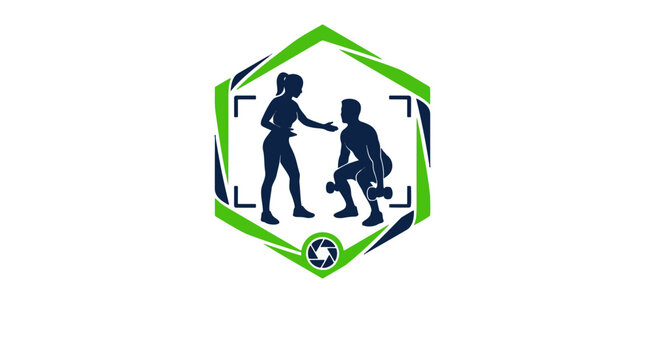 A hexagonal fitness logo captures a female coach assisting a male doing squats with a dumbbell, framed by a camera shutter.