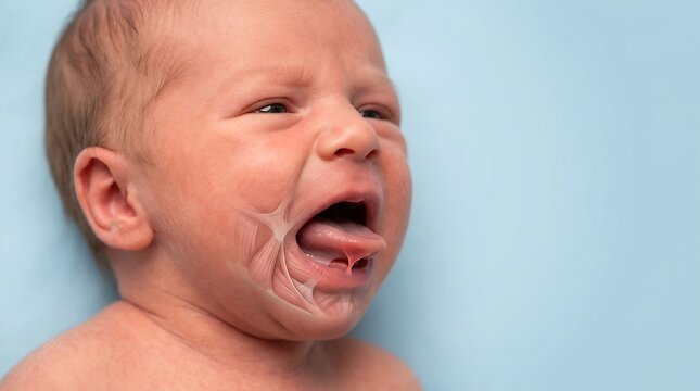 Close-up of a newborn baby with a medical diagram illustrating tongue-tie and tissue restriction