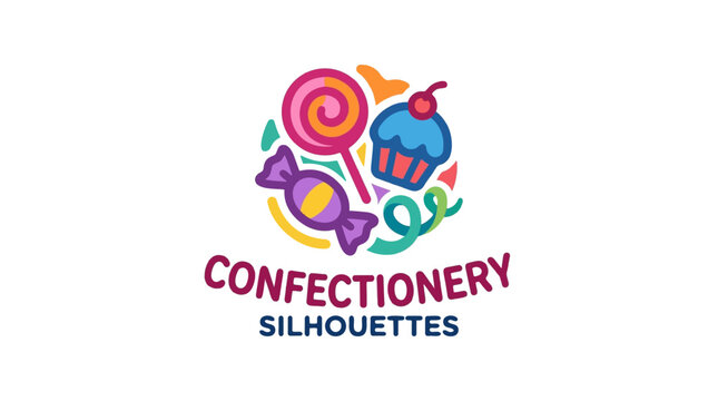 A lively and colorful logo showcasing an appealing circular arrangement of confectionery silhouettes, including a lollipop, cupcake, and wrapped candy.