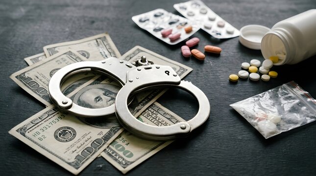 Police arrest suspect with money, pills, and handcuffs on table indoors