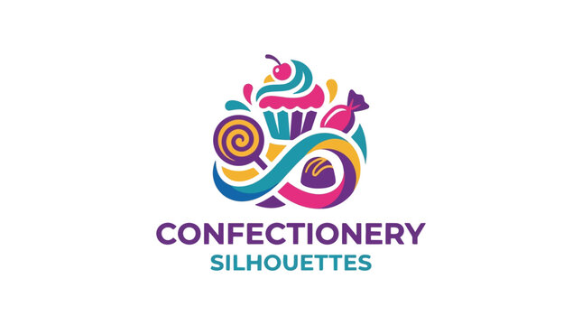 A vibrant, colorful logo for a confectionery business featuring silhouettes of a cupcake, lollipop, and wrapped candy.