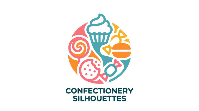 A circular logo for a confectionery business with silhouettes of a cupcake, cookie, and various candies.