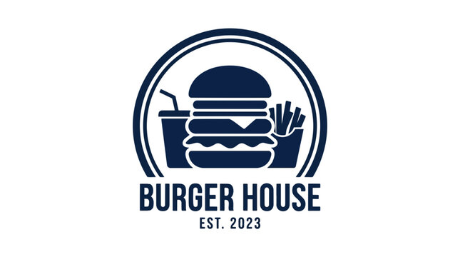 A dark blue silhouette logo for a burger house, featuring a stacked burger, fries, and a drink.