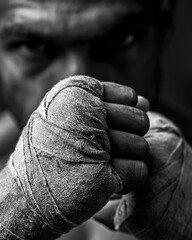 Fototapeta premium Black and White Boxing Fighter Training: Focus, Power, and Determination - Close-Up Portrait of Strong Male Athlete