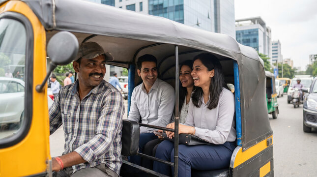 Business commuters laughing in auto rickshaw on city street