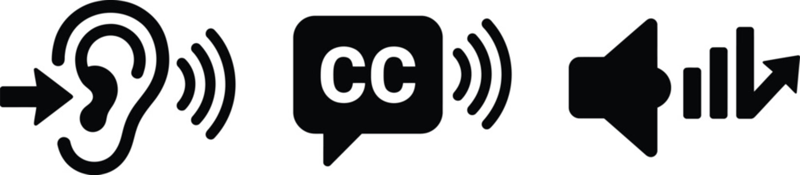 Black icons for sound, hearing and subtitles