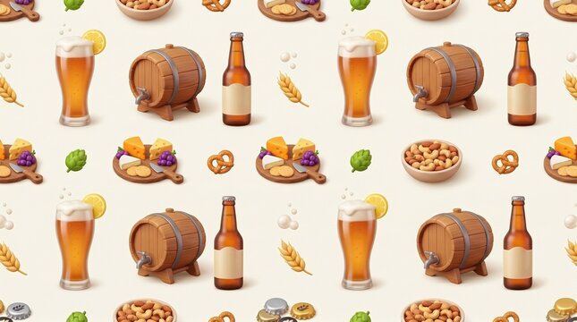 Beer and snacks seamless pattern with glasses, bottles, barrels and appetizers