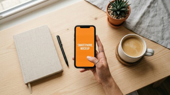 Realistic phone mockup displaying app screen on wooden desk with coffee and stationery