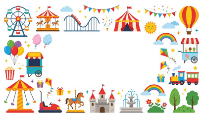 Naklejka premium Cute Amusement Park Frame Illustration, Carnival Border with Ferris Wheel and Fun Fair Elements, 16:9 Flat Vector Background