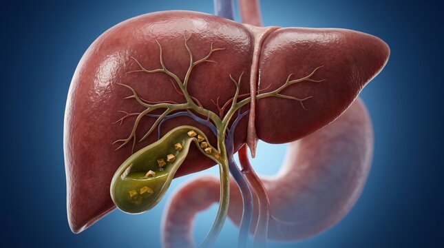 A detailed illustration of the human liver and gallbladder with bile ducts and blood vessels